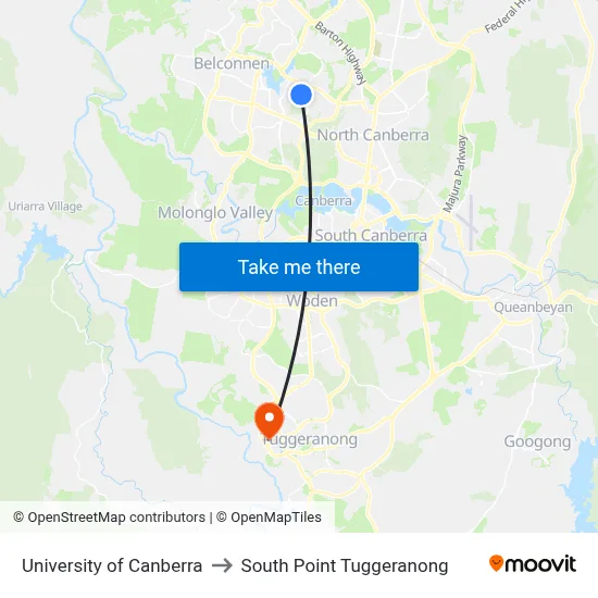 University of Canberra to South Point Tuggeranong map