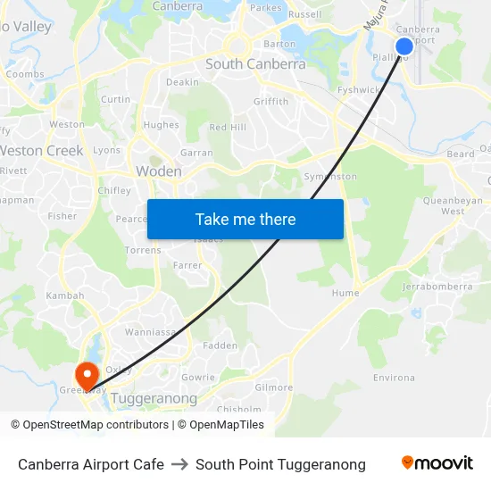 Canberra Airport Cafe to South Point Tuggeranong map