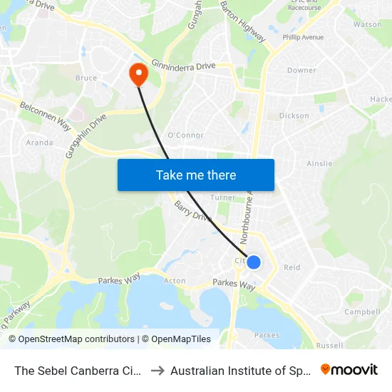 The Sebel Canberra Civic to Australian Institute of Sport map