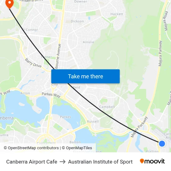 Canberra Airport Cafe to Australian Institute of Sport map