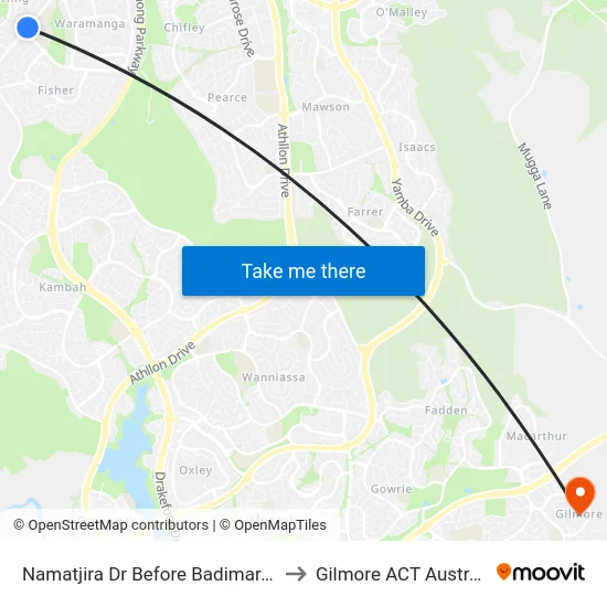 Namatjira Dr Before Badimara St to Gilmore ACT Australia map