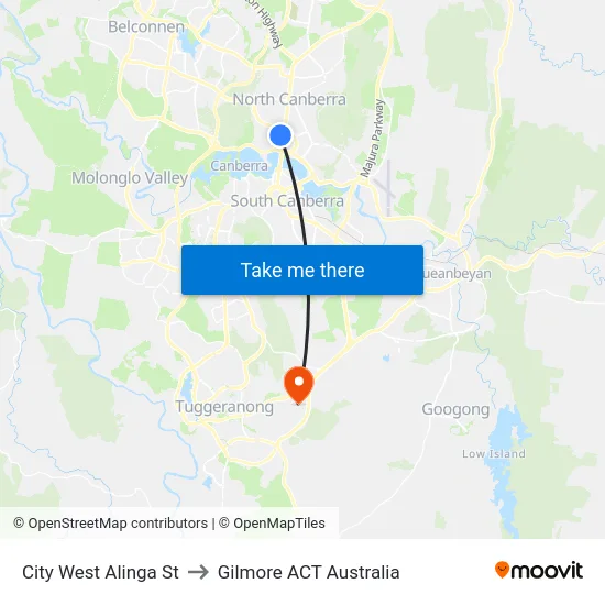 City West Alinga St to Gilmore ACT Australia map