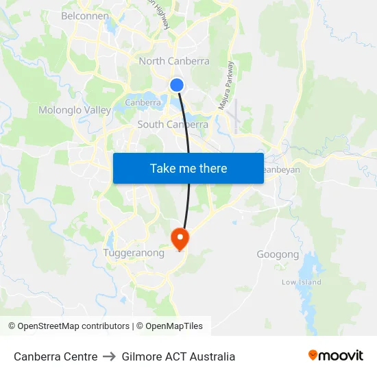 Canberra Centre to Gilmore ACT Australia map