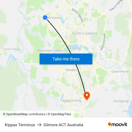 Kippax Terminus to Gilmore ACT Australia map