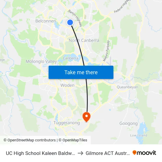 UC High School Kaleen Baldwin Dr to Gilmore ACT Australia map