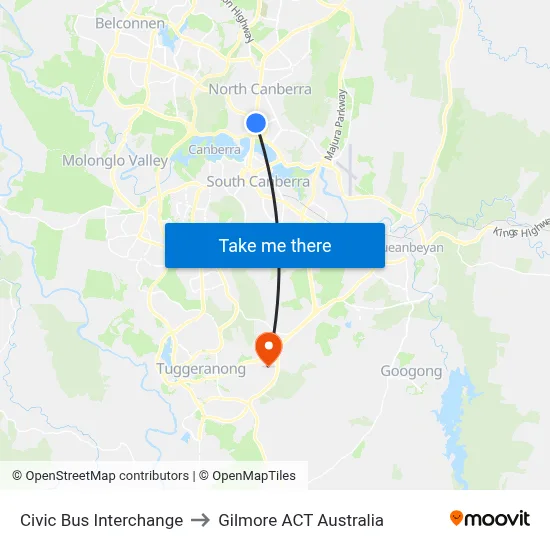 Civic Bus Interchange to Gilmore ACT Australia map
