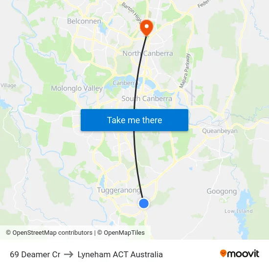 69 Deamer Cr to Lyneham ACT Australia map