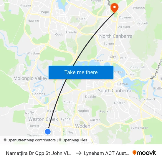 Namatjira Dr Opp St John Vianney to Lyneham ACT Australia map