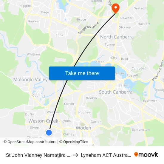 St John Vianney Namatjira Dr to Lyneham ACT Australia map