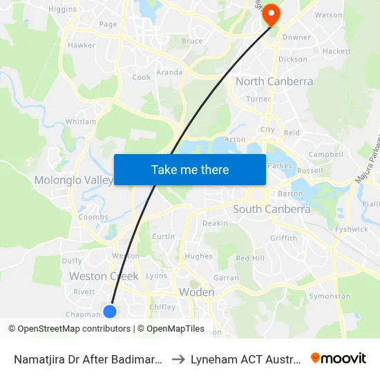 Namatjira Dr After Badimara St to Lyneham ACT Australia map