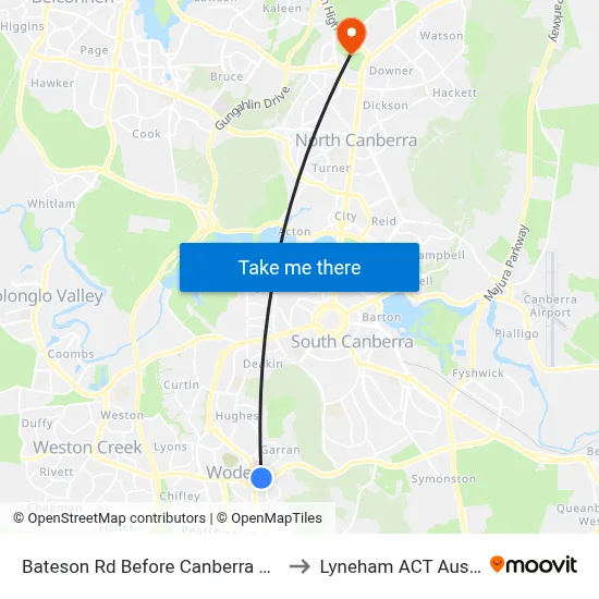 Bateson Rd Before Canberra Hospital to Lyneham ACT Australia map
