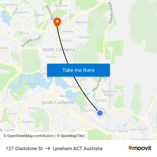 127 Gladstone St to Lyneham ACT Australia map