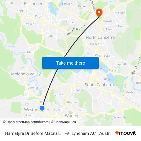 Namatjira Dr Before Macnally St to Lyneham ACT Australia map