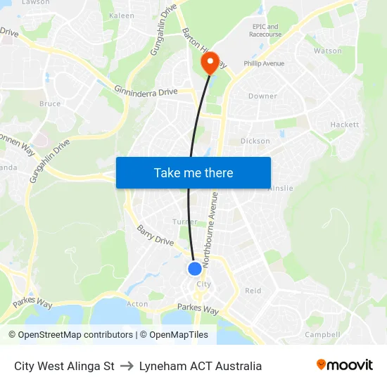 City West Alinga St to Lyneham ACT Australia map