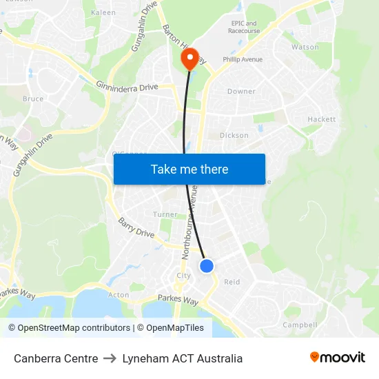 Canberra Centre to Lyneham ACT Australia map
