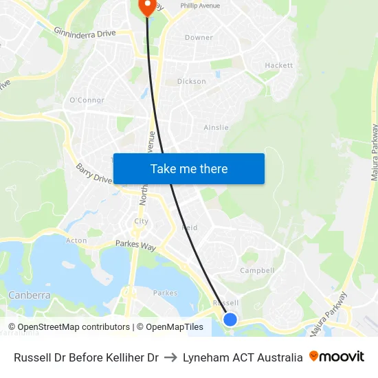 Russell Dr Before Kelliher Dr to Lyneham ACT Australia map