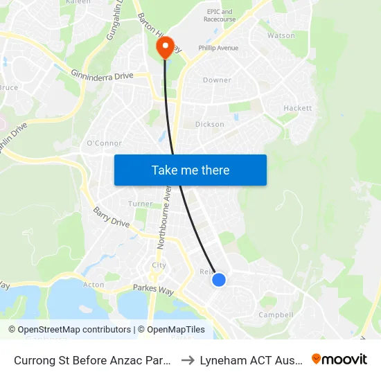 Currong St Before Anzac Park West to Lyneham ACT Australia map