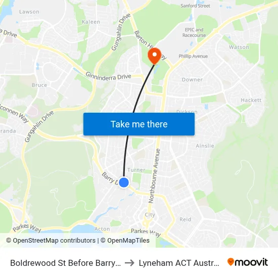 Boldrewood St Before Barry Dr to Lyneham ACT Australia map