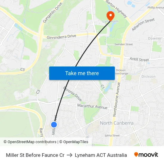 Miller St Before Faunce Cr to Lyneham ACT Australia map
