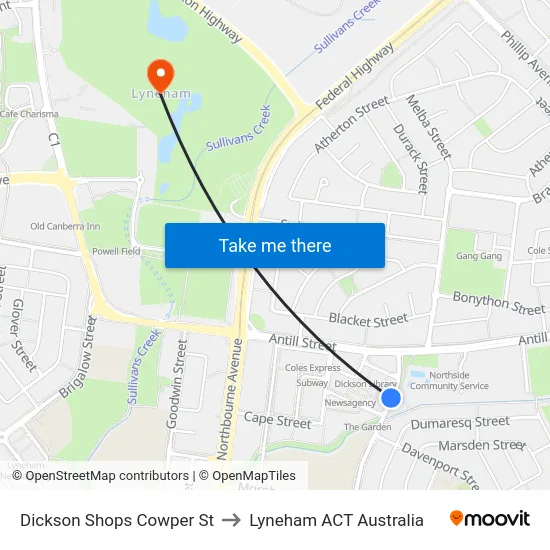 Dickson Shops Cowper St to Lyneham ACT Australia map