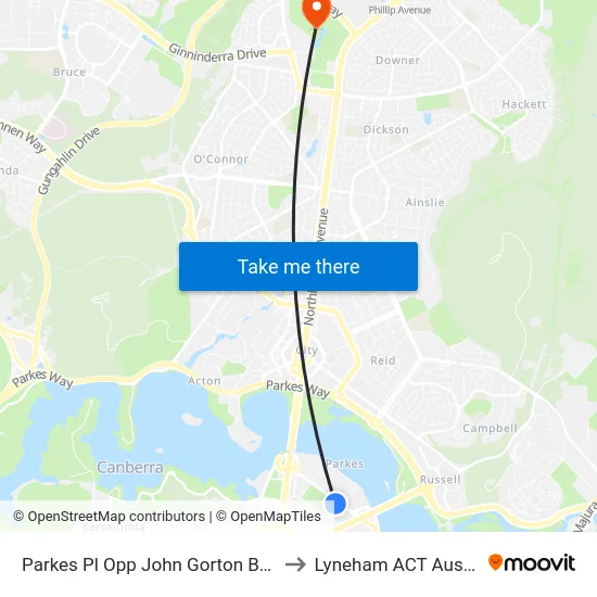 Parkes Pl Opp John Gorton Building to Lyneham ACT Australia map