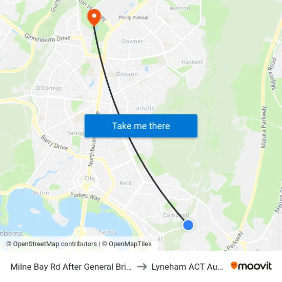 Milne Bay Rd After General Bridges Rd to Lyneham ACT Australia map