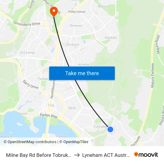 Milne Bay Rd Before Tobruk Rd to Lyneham ACT Australia map