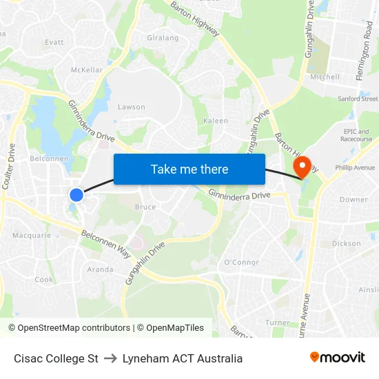 Cisac College St to Lyneham ACT Australia map