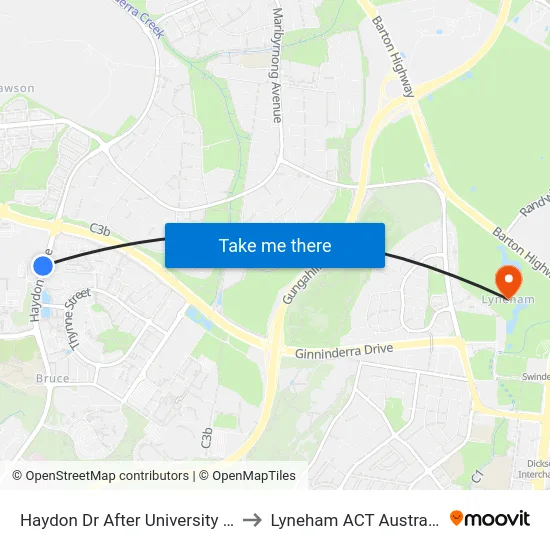 Haydon Dr After University Dr to Lyneham ACT Australia map