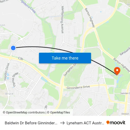 Baldwin Dr Before Ginninderra Dr to Lyneham ACT Australia map