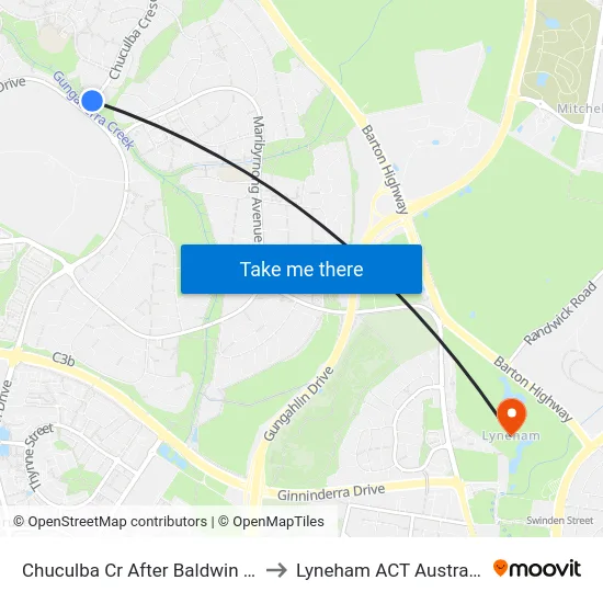 Chuculba Cr After Baldwin Dr to Lyneham ACT Australia map