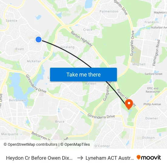Heydon Cr Before Owen Dixon Dr to Lyneham ACT Australia map