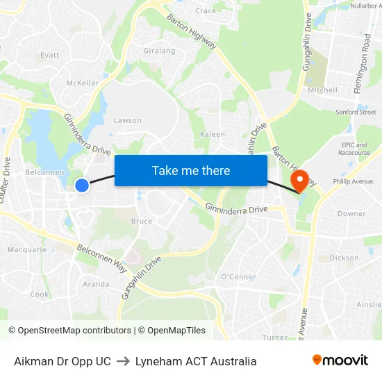 Aikman Dr Opp UC to Lyneham ACT Australia map