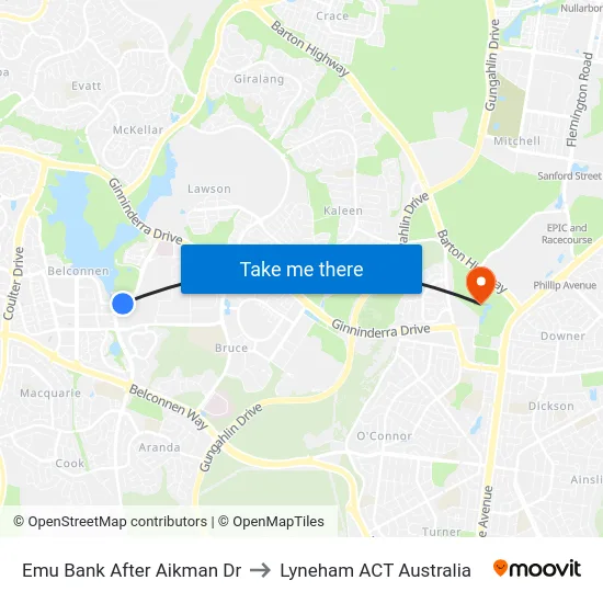 Emu Bank After Aikman Dr to Lyneham ACT Australia map