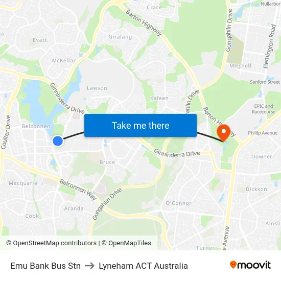 Emu Bank Bus Stn to Lyneham ACT Australia map