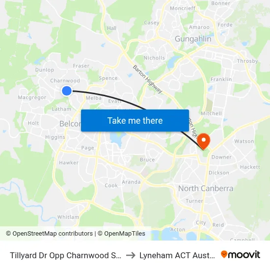 Tillyard Dr Opp Charnwood Shops to Lyneham ACT Australia map
