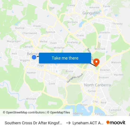 Southern Cross Dr After Kingsford Smith Dr to Lyneham ACT Australia map