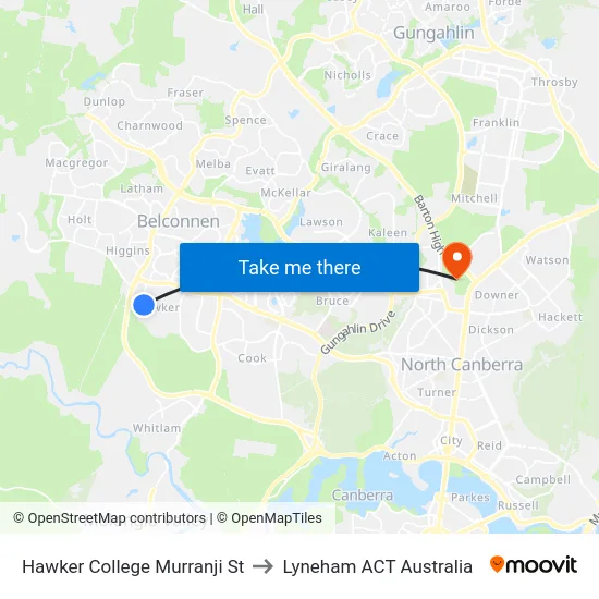 Hawker College Murranji St to Lyneham ACT Australia map