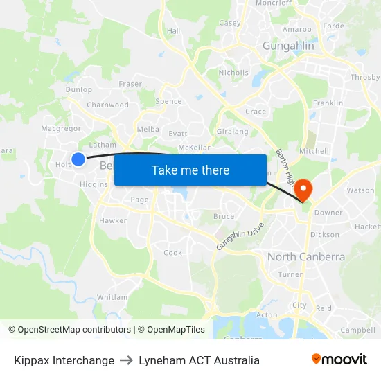 Kippax Interchange to Lyneham ACT Australia map