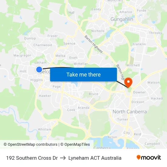 192 Southern Cross Dr to Lyneham ACT Australia map