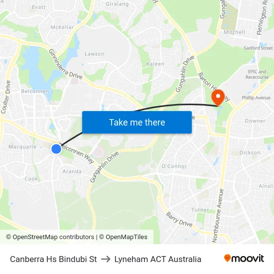 Canberra Hs Bindubi St to Lyneham ACT Australia map