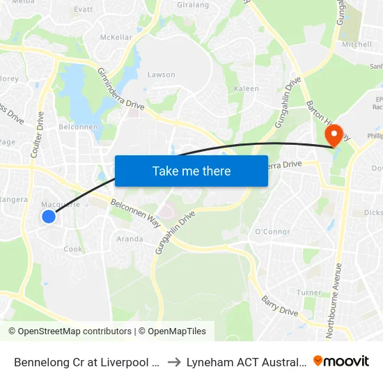Bennelong Cr at Liverpool St to Lyneham ACT Australia map