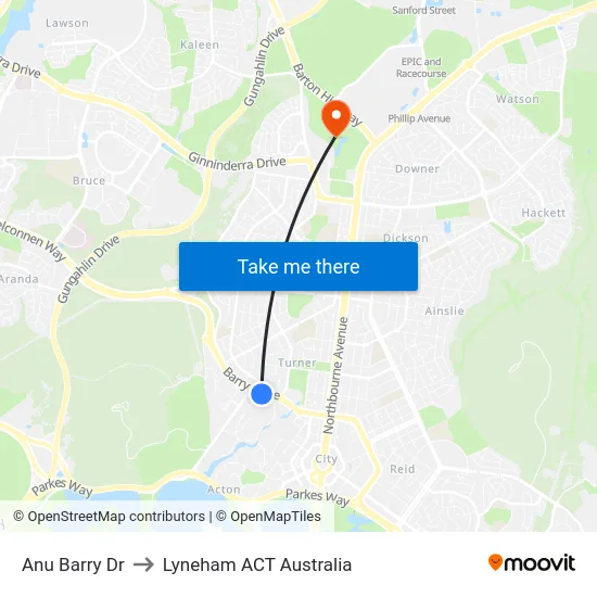 Anu Barry Dr to Lyneham ACT Australia map