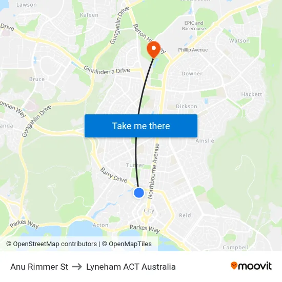 Anu Rimmer St to Lyneham ACT Australia map