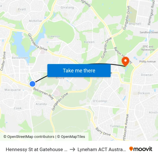 Hennessy St at Gatehouse Pl to Lyneham ACT Australia map