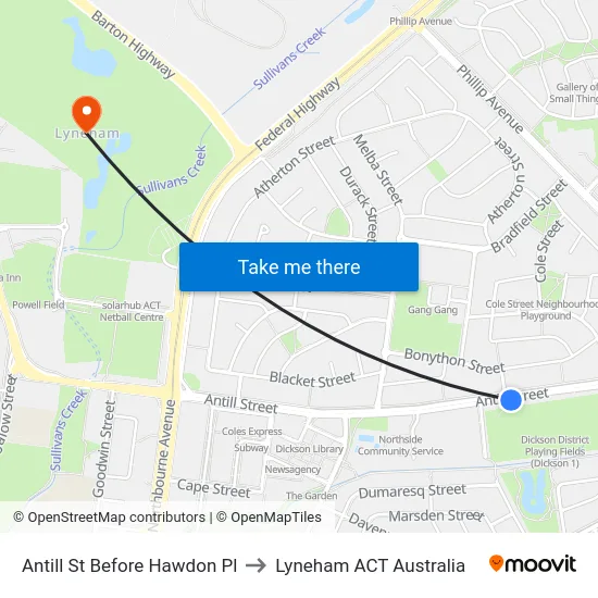 Antill St Before Hawdon Pl to Lyneham ACT Australia map