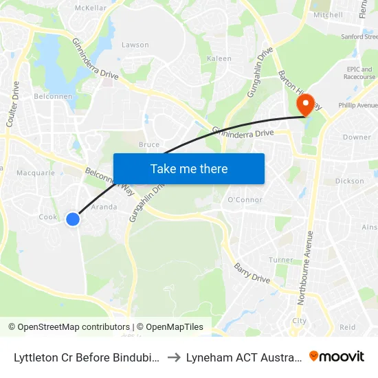 Lyttleton Cr Before Bindubi St to Lyneham ACT Australia map