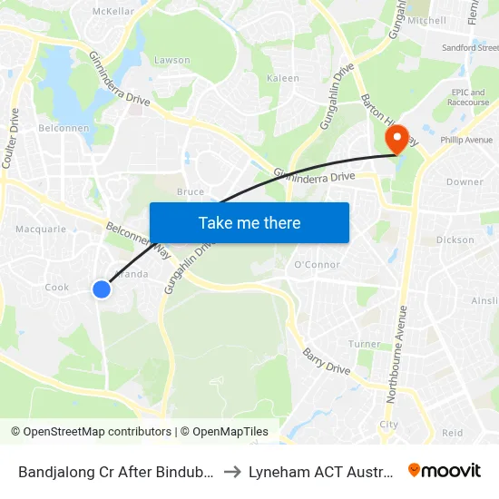 Bandjalong Cr After Bindubi St to Lyneham ACT Australia map