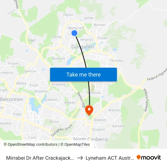 Mirrabei Dr After Crackajack Way to Lyneham ACT Australia map