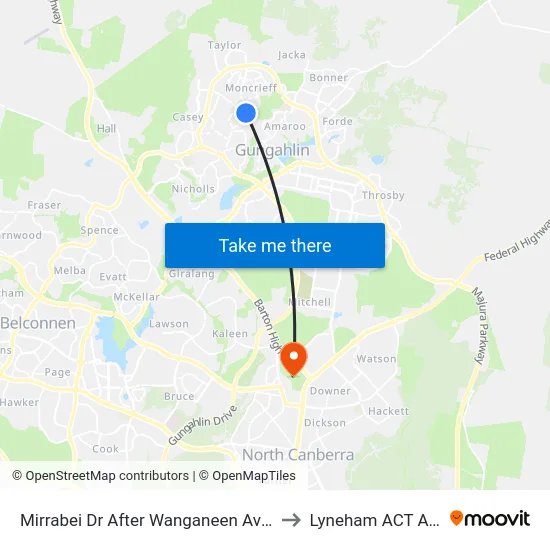 Mirrabei Dr After Wanganeen Av Northbound to Lyneham ACT Australia map